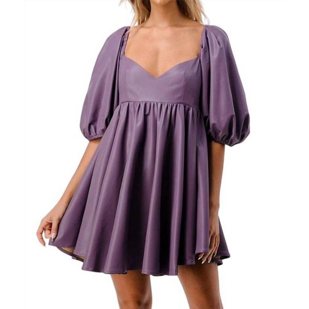 Dance & Marvel Presley Vegan Leather Puff Sleeve Babydoll Dress - Picture 2 of 15